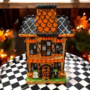 Frankenstein & Bride of LED Light Up Gingerbread House Manor w/ Jack Pumpkins